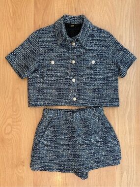 Maje Blue Tweed Set - Short Sleeve Cropped Shirt & High-Waist Shorts